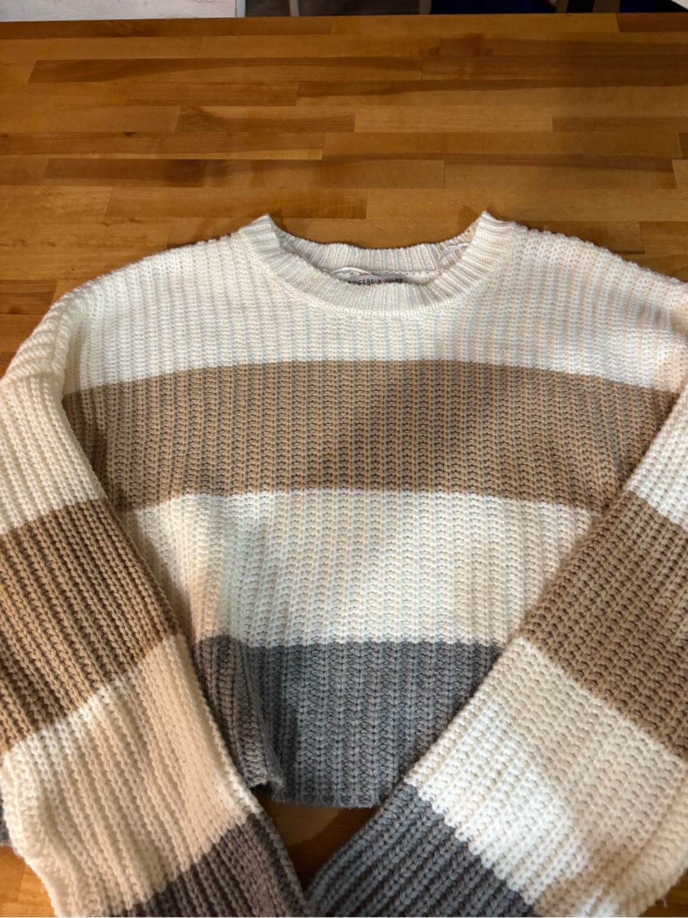 Sincerely Jules Neutral Stripe Crewneck Sweater in Cream, Tan & Gray - large